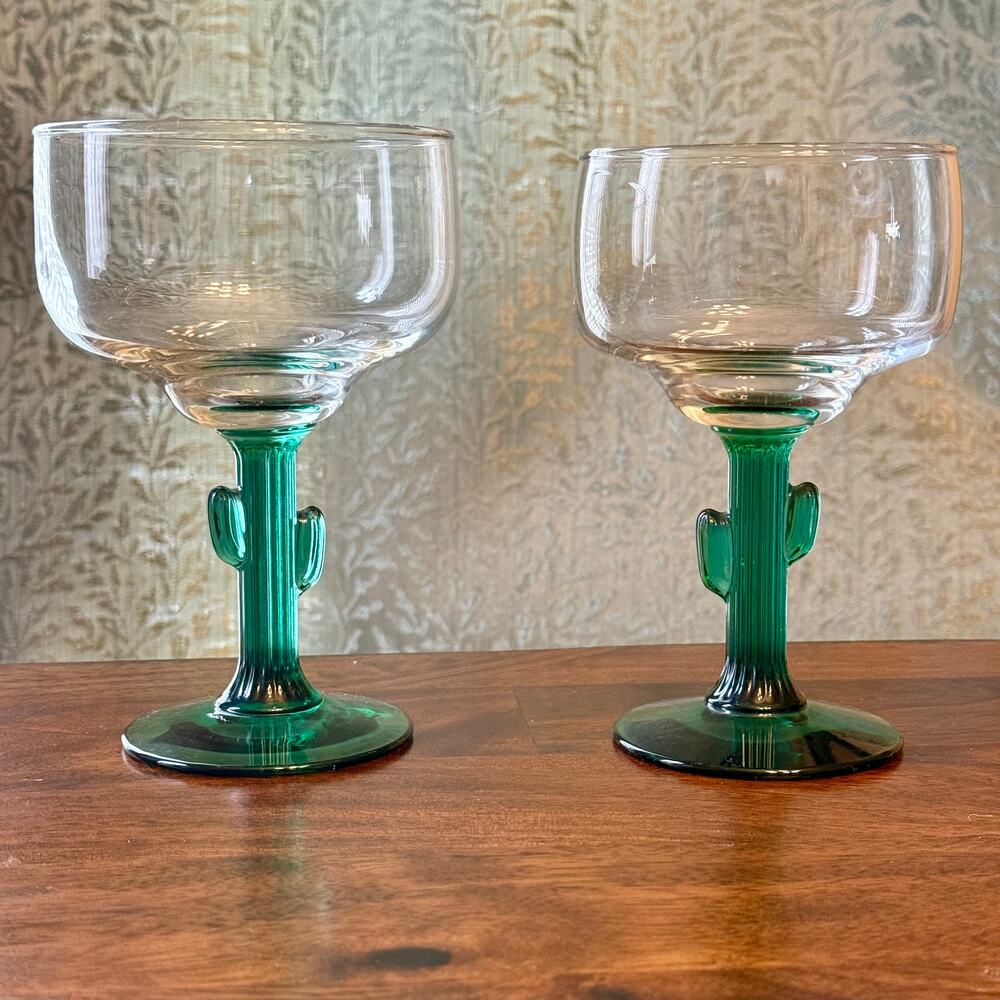 Vintage Cactus Margarita Glasses Pair Teal Stem Southwest Barware